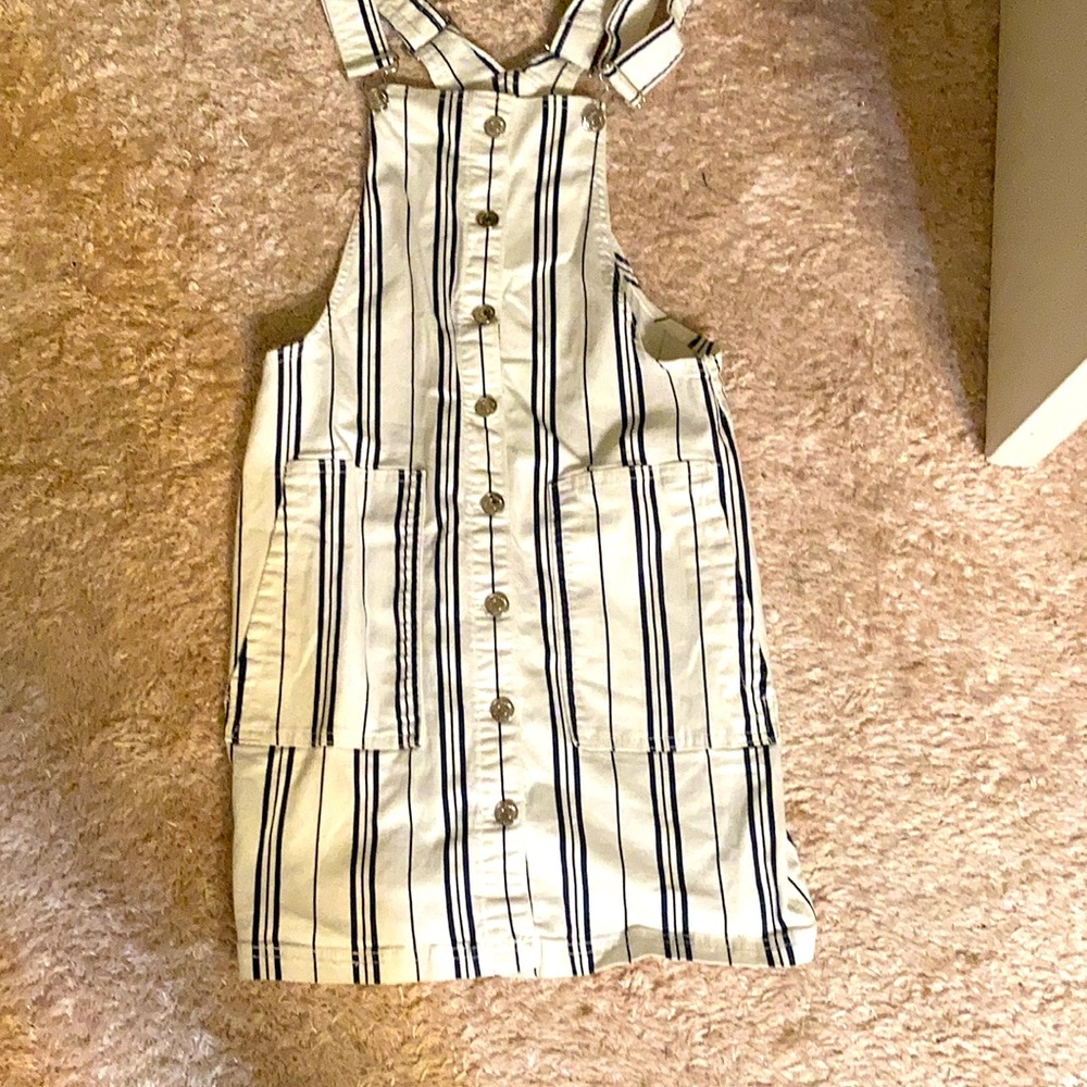 Striped denim overalls dress with pockets